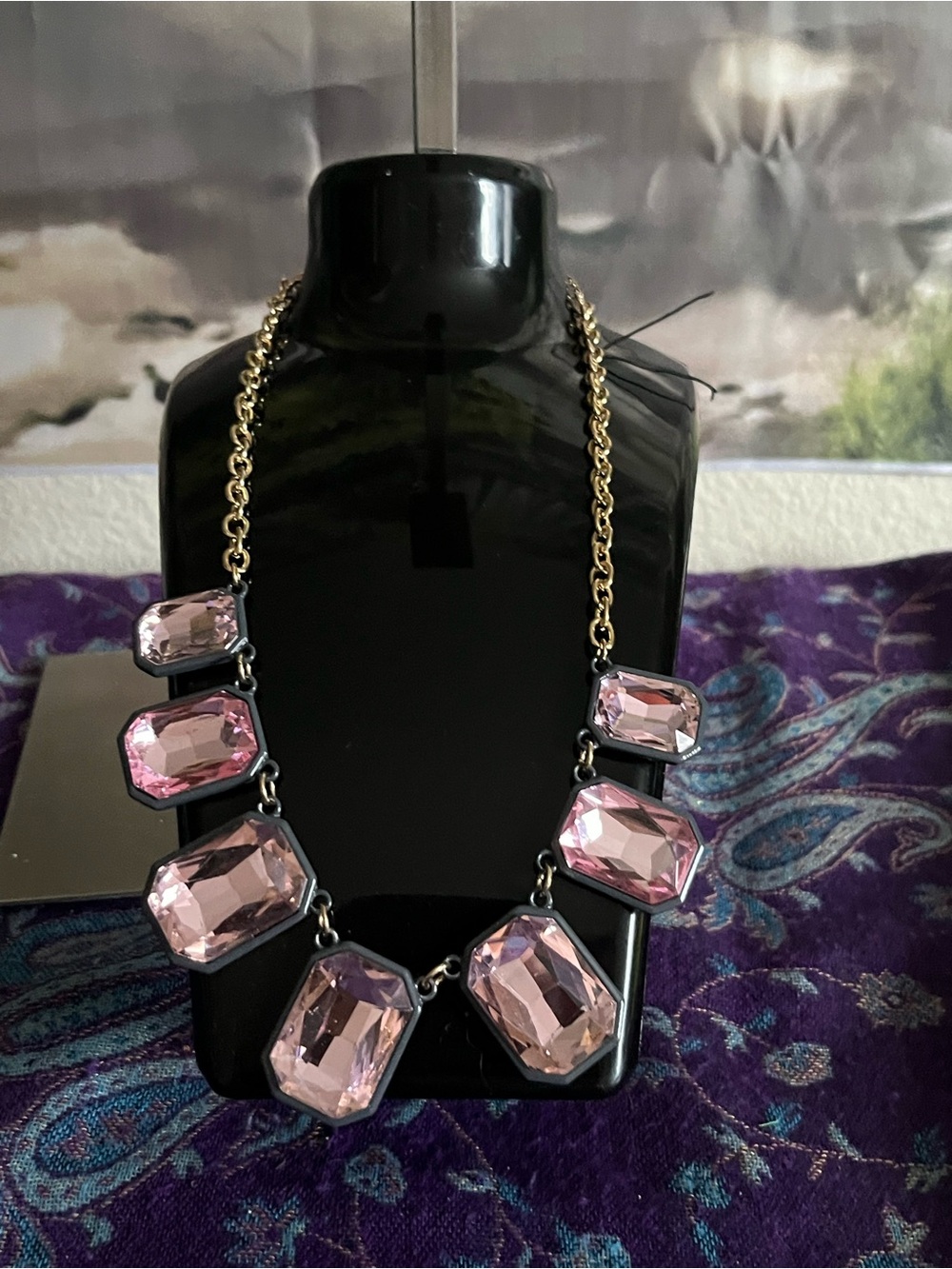 Pink Crystal Statement Necklace - Gold Tone Chain